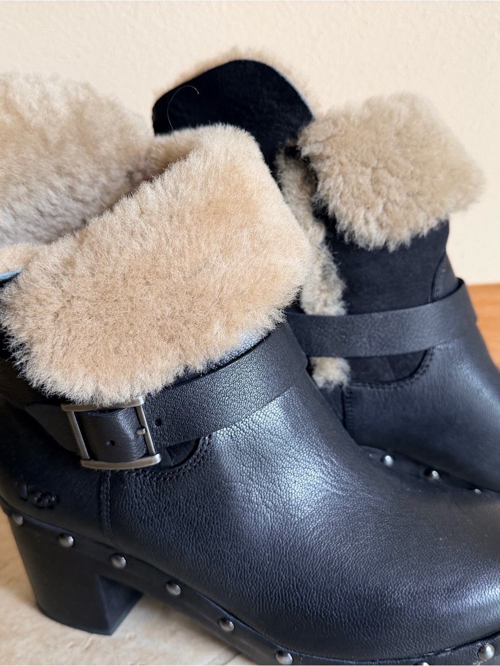 UGG Black Leather Shearling-Trim Clog Boots with Tan Fur